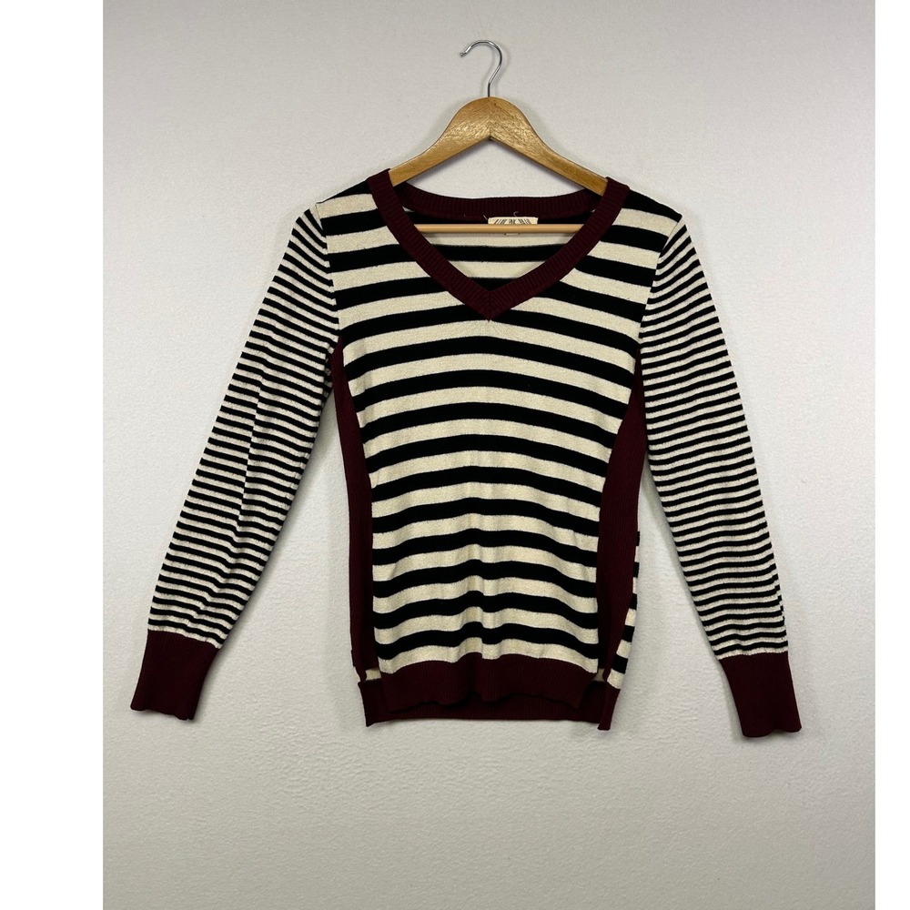 Preppy Pink‎ Rose Women Size M Burgundy Black Striped V-Neck Colorblock Sweater
